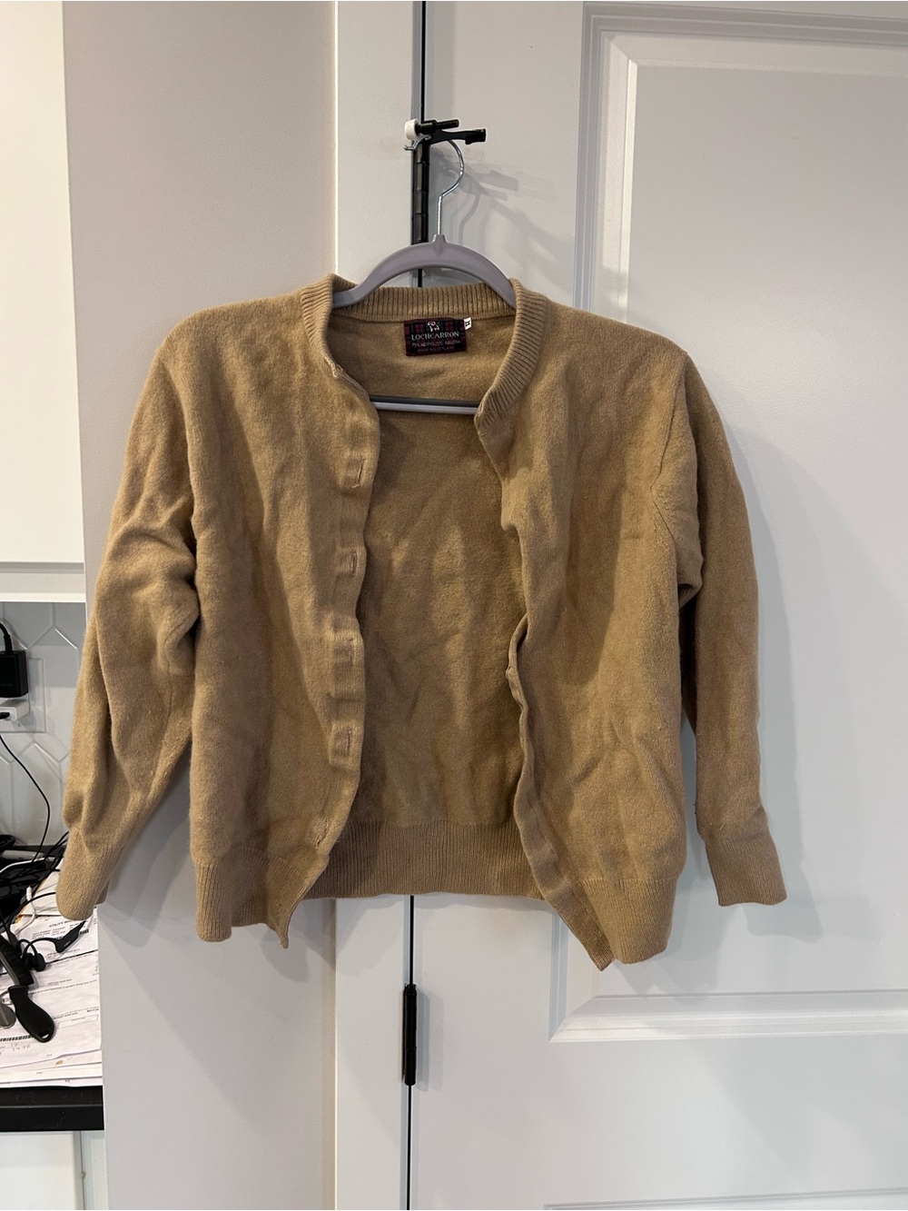 Vintage LochCarron Classic Camel Merino Angora Wool Crewneck Cardigan Sweater